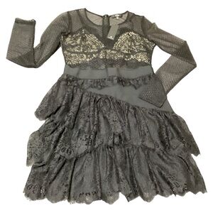 Lulus Womens Black Long Sleeves Full Zip Crew Neck Lace Tiered Ruffle Dress Sz M